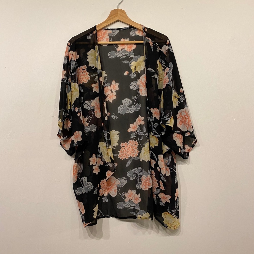 Floral Sheer Chiffon Boho Kimono Cardigan Black Pink Yellow Open Front 3XL